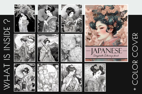 Japanese Geisha Coloring Book, 10 Greyscale Coloring Pages Sublimation OrangeBrushStudio 