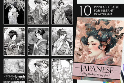 Japanese Geisha Coloring Book, 10 Greyscale Coloring Pages Sublimation OrangeBrushStudio 