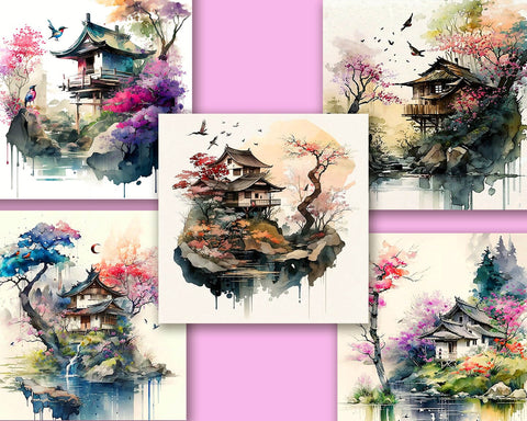 Japanese Landscape Watercolor, Nature, Clipart, 10 JPG images Sublimation nikola 