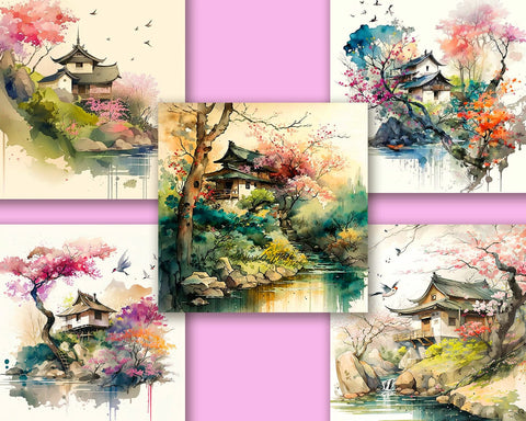 Japanese Landscape Watercolor, Nature, Clipart, 10 JPG images Sublimation nikola 
