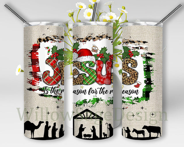 Jesus Is The Reason For The Season Tumbler Design, Christmas Jesus 20oz Skinny Tumbler, Christmas Plaid Leoprad Tumbler Png, Religious Sublimation Design, Digital Download Sublimation WillowSageDesign 