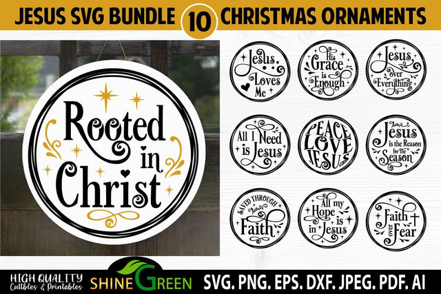 Jesus SVG Bundle - 10 Christmas Ornament Round Signs SVG Shine Green Art 