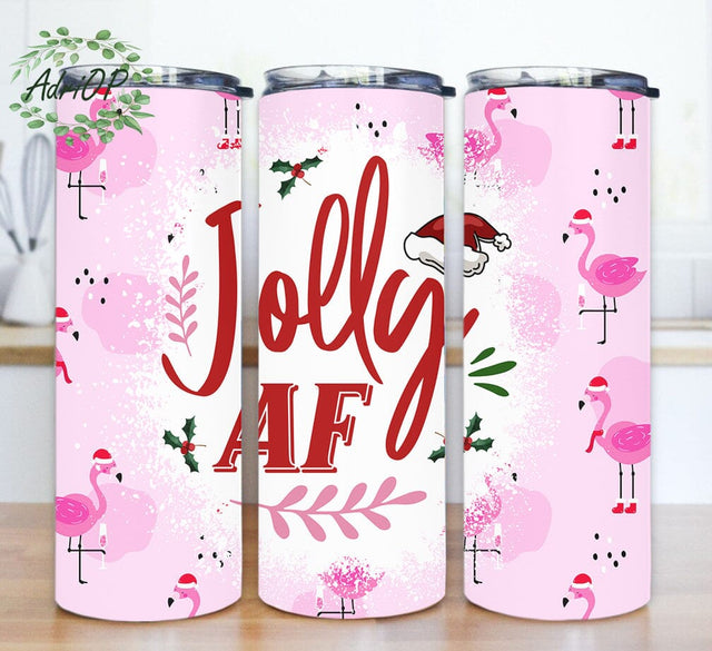 Jolly AF 20oz Skinny Tumbler, Funny Christmas Tumbler Png, Pink Flamingos Tumbler Wrap, Santa Flamingos Design Png, Merry Christmas Tumbler Design, Instant Download Sublimation AdriOP 