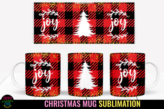 Joy Christmas Plaid Mug Sublimation I 11 Oz Holiday Mug PNG Sublimation Happy Printables Club 