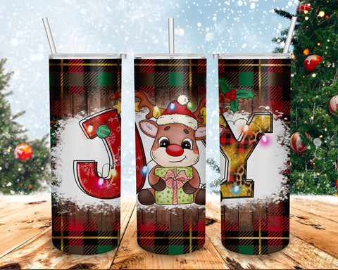 Joy Christmas Reindeer Buffalo Plaid 20oz Skinny Tumbler Sublimation Designs Tumbler for Sublimation BOO-design 
