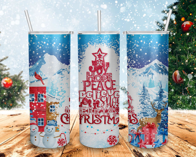 Joy Hope Peace Believe Let it Snow Merry Christmas Tree Tumbler Wrap, 20oz Skinny Tumbler ,PNG Sublimation Designs, Christmas Tumbler Sublimation BOO-design 