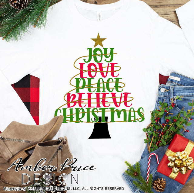 Joy Love Peace Believe Christmas SVG | cute Christmas tree with Christmas Lights SVG PNG DXF | Winter Vector SVG Amber Price Design 