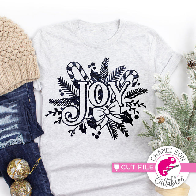 Joy with Christmas candy cane, holly, and fir svg png dxf SVG Chameleon Cuttables 