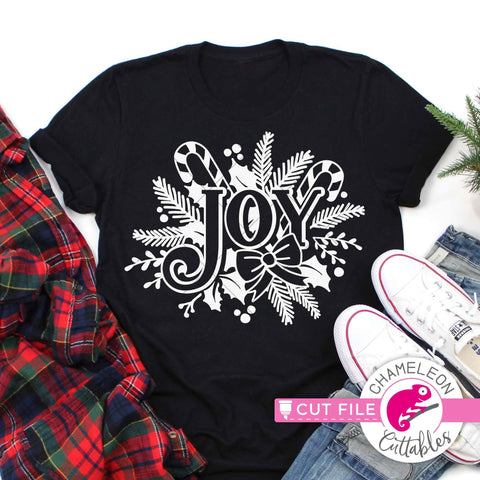 Joy with Christmas candy cane, holly, and fir svg png dxf SVG Chameleon Cuttables 