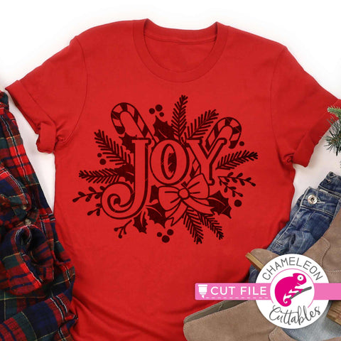 Joy with Christmas candy cane, holly, and fir svg png dxf SVG Chameleon Cuttables 
