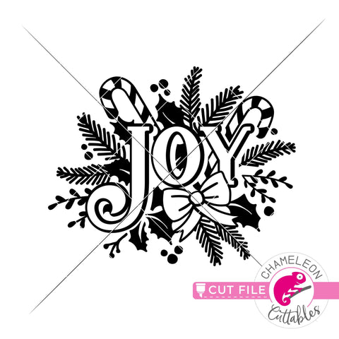 Joy with Christmas candy cane, holly, and fir svg png dxf SVG Chameleon Cuttables 