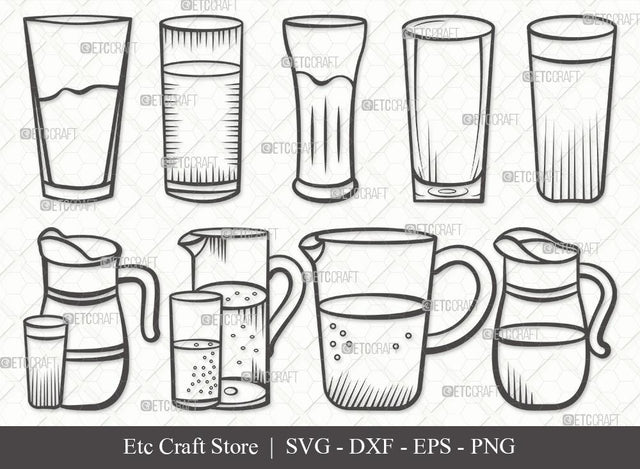 Jug With Glass Outline SVG Cut File | Jug Svg | Pitcher Svg | Water Pitcher Svg | Bundle | Eps | Dxf | Png SVG ETC Craft 