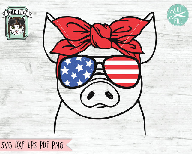 July 4th American Flag Pig Sunglasses With Bandana SVG Cut File SVG Wild Pilot 