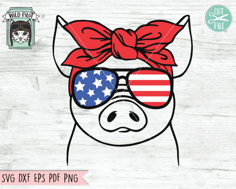 July 4th American Flag Pig Sunglasses With Bandana SVG Cut File SVG Wild Pilot 