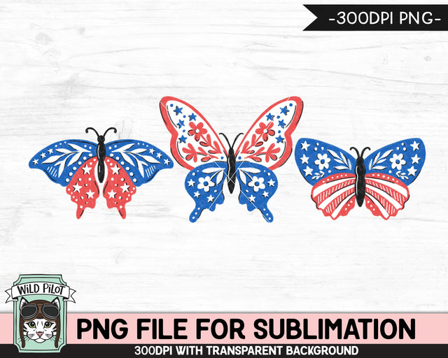 July 4th Butterfly SUBLIMATION design png, Red White Blue Butterflies PNG sublimation file, America, USA, Patriotic, Fourth of July png file SVG Wild Pilot 