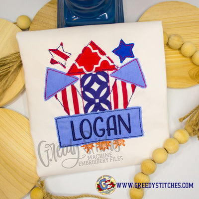 July 4th Firecracker with Name Box Applique Machine Embroidery Design Embroidery/Applique DESIGNS Greedy Stitches 