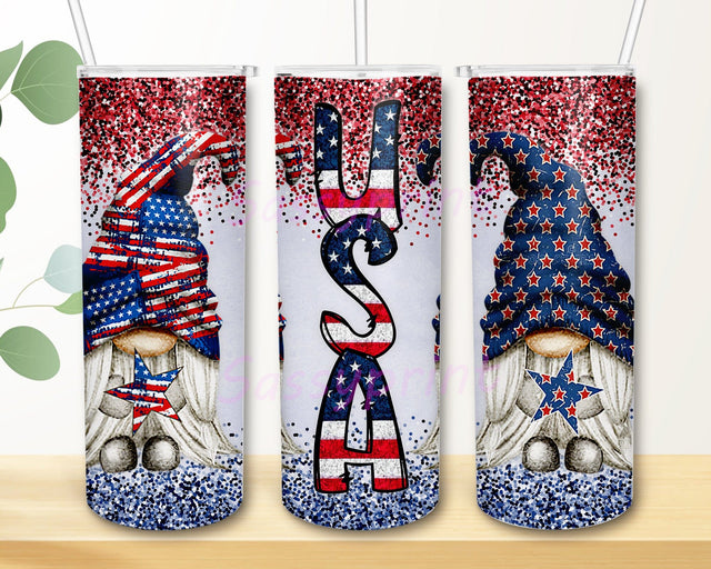 July 4th Gnome 20oz Skinny Tumbler Png, Glitter American Gnome, Red White & Blue Flag, Patriotic, USA Tumblers, Independence Day Png Sublimation sassyprint 