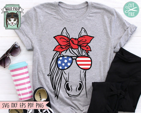July 4th Horse SVG, Fourth of July Horse svg file, Horse Glasses svg, Horse cut file, Horse Bandana svg, July 4th Animals svg, America USA SVG Wild Pilot 