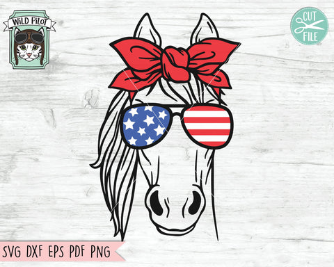 July 4th Horse SVG, Fourth of July Horse svg file, Horse Glasses svg, Horse cut file, Horse Bandana svg, July 4th Animals svg, America USA SVG Wild Pilot 