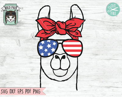 July 4th Llama SVG, Fourth of July Llama svg file, Llama Glasses svg, Llama cut file, Llama Bandana svg, July 4th Animals svg, America USA SVG Wild Pilot 