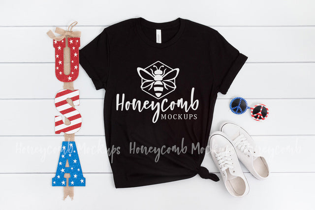 July 4th Mockup, Black 3001 Bella Canvas Mockup, Women's T-Shirt Mockup, Patriotic Mockup Mock Up Photo Honeycomb Mockups 