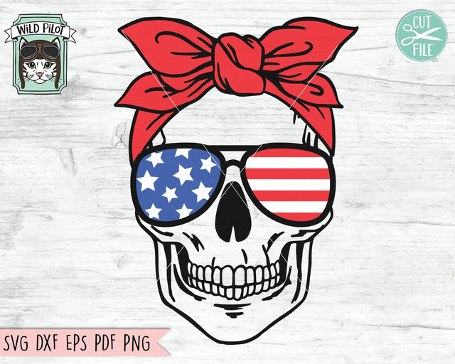 July 4th Skull SVG, Fourth of July Skull svg file, Skull Bandana cut file, Skull Glasses svg, Skull cut file, American Flag sunglasses svg SVG Wild Pilot 
