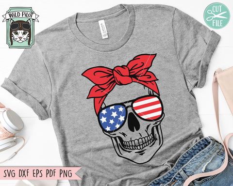July 4th Skull SVG, Fourth of July Skull svg file, Skull Bandana cut file, Skull Glasses svg, Skull cut file, American Flag sunglasses svg SVG Wild Pilot 