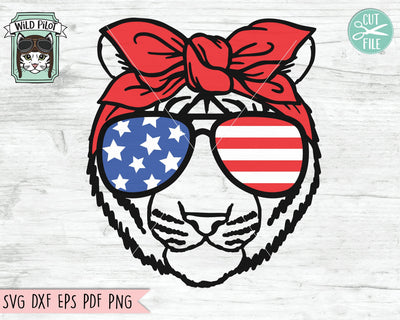 July 4th Tiger SVG, Fourth of July Tiger svg file, Tiger Glasses svg, Tiger cut file, Tiger Bandana svg, July 4th Animals svg, America USA SVG SVG Wild Pilot 