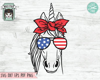 July 4th Unicorn SVG, Fourth of July Unicorn svg file, Unicorn Glasses svg, Unicorn Bandana svg, July 4th Animals svg, America USA cut file SVG Wild Pilot 