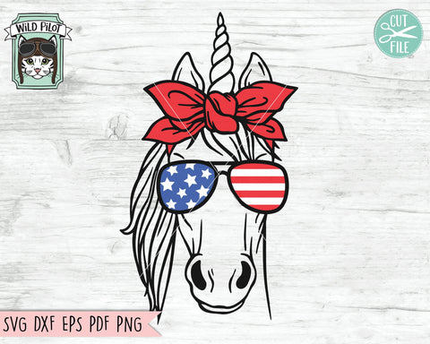 July 4th Unicorn SVG, Fourth of July Unicorn svg file, Unicorn Glasses svg, Unicorn Bandana svg, July 4th Animals svg, America USA cut file SVG Wild Pilot 