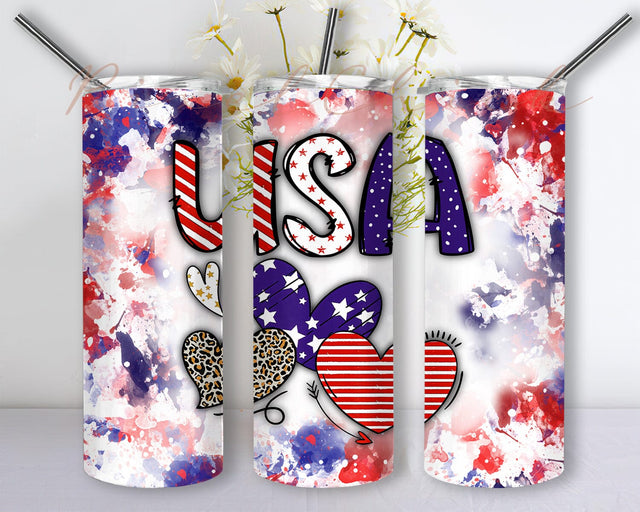 July Forth Red White Blue 20oz Skinny Tumbler Png, Americana Tumbler Gift, Leopard Heart Tumbler, Patriotic, USA Tumblers, Independence Day Png Sublimation PixelChick 