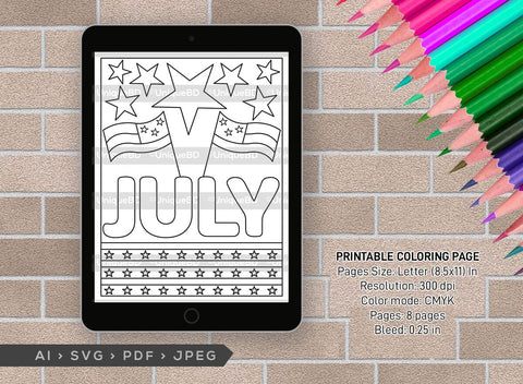 July Month Printable Coloring Page Bundle, PDF Colouring Book, Instant Download, CBP00017 SVG ETC Craft 