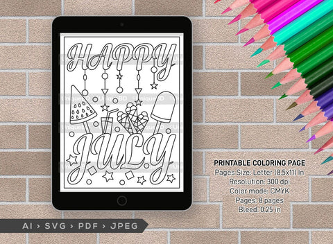 July Month Printable Coloring Page Bundle, PDF Colouring Book, Instant Download, CBP00017 SVG ETC Craft 