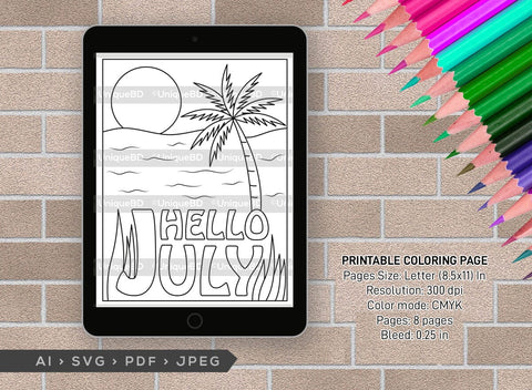 July Month Printable Coloring Page Bundle, PDF Colouring Book, Instant Download, CBP00017 SVG ETC Craft 