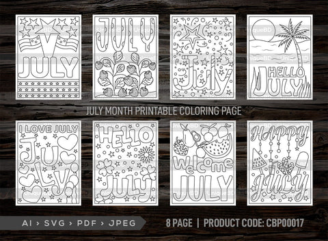 July Month Printable Coloring Page Bundle, PDF Colouring Book, Instant Download, CBP00017 SVG ETC Craft 