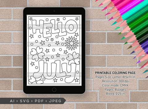 July Month Printable Coloring Page Bundle, PDF Colouring Book, Instant Download, CBP00017 SVG ETC Craft 