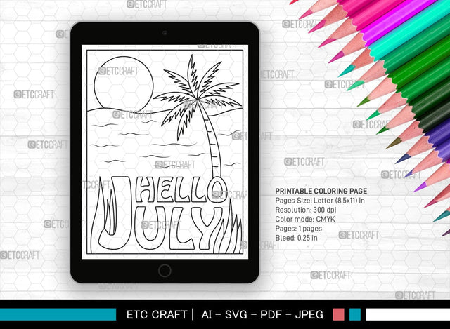 July Month Printable Coloring Page Cut File, PDF Colouring Book, Instant Download, CBP00017 SVG ETC Craft 
