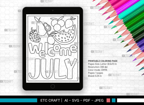 July Month Printable Coloring Page Cut File, PDF Colouring Book, Instant Download, CBP00017 SVG ETC Craft 