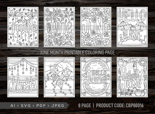 June Month Printable Coloring Page Bundle, PDF Colouring Book, Instant Download, CBP00016 SVG ETC Craft 