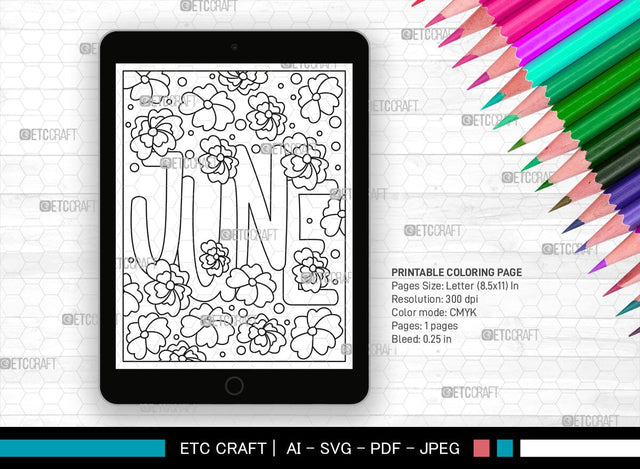 June Month Printable Coloring Page Cut File, PDF Colouring Book, Instant Download, CBP00016 SVG ETC Craft 