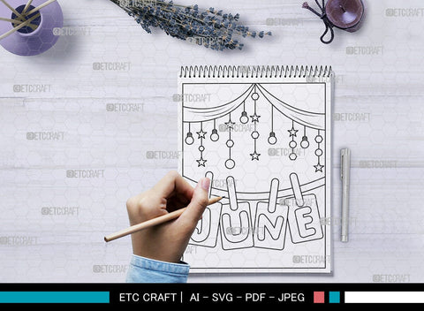 June Month Printable Coloring Page Cut File, PDF Colouring Book, Instant Download, CBP00016 SVG ETC Craft 