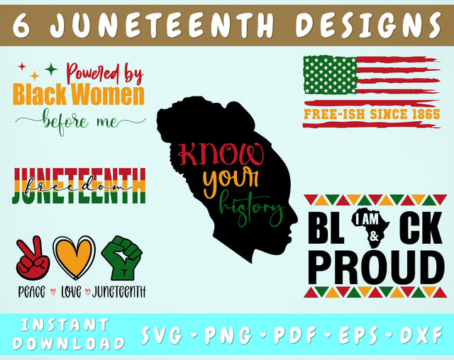 Juneteenth Quotes SVG Bundle, 6 Designs, Peace Love Juneteenth SVG, Know Your History SVG, Black And Proud SVG, Free-ish Since 1865 SVG SVG HappyDesignStudio 