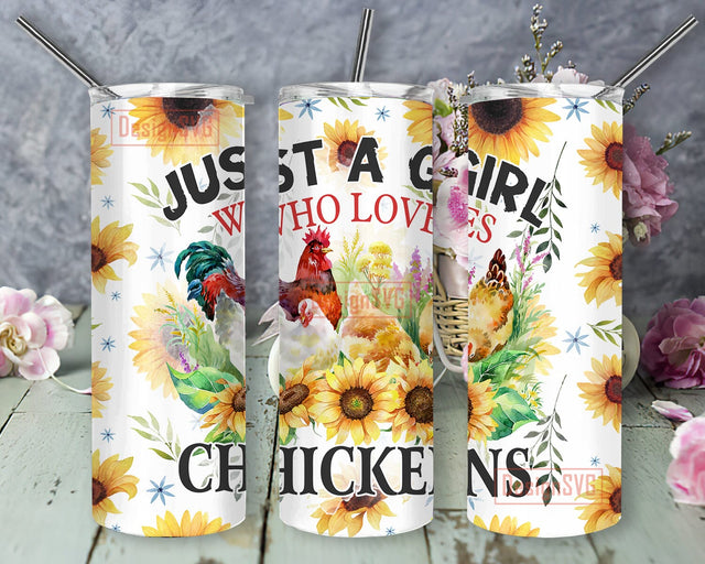 Just A Girl That Loves Chicken 20oz Skinny Tumbler Png, Farm Animals, Chicken Lover Tumbler Png, Retro Farmer Tumbler Gift, Sunflower Chickens Png Sublimation DesignSVG 