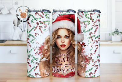 Just A Girl That Loves Christmas , Messy Bun, Candy Canes, Straight & Tapered, Sublimation, Digital,PNG,Design,Download,20 oz Skinny Tumbler Sublimation Rabbitmakies 
