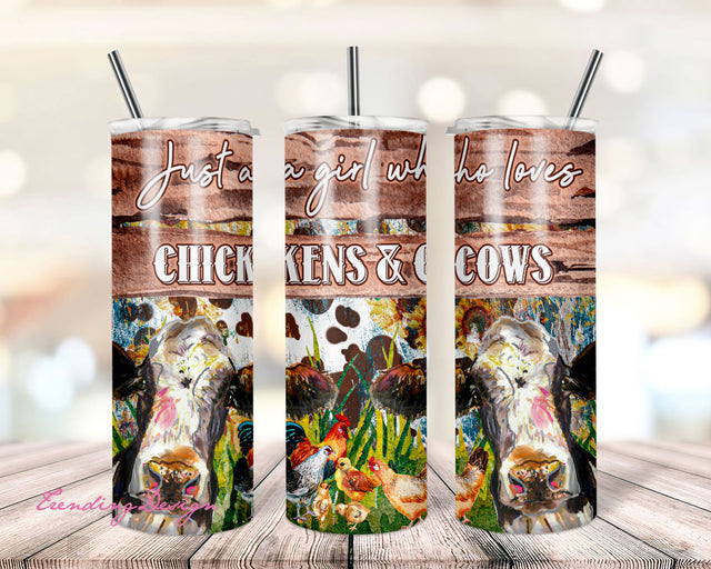 Just a Girl that Loves Cows and Chickens Sublimation Design, 20 oz Skinny Tumbler PNG Sublimation TrendingDesign 