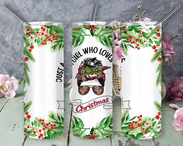 Just a Girl who Loves Christmas 20oz Skinny Tumbler, Christmas Messy Bun Buffalo Plaid Leopard Tumbler Png, Christmas Tree Design Png, Christmas Sublimation Design, Instant Download Sublimation DesignSVG 