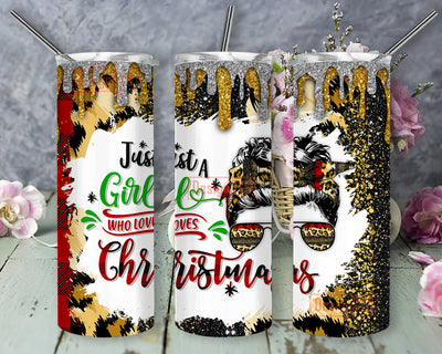 Just a Girl Who Loves Christmas Tumbler Template, Christmas Messy Bun Leopard Glitter 20oz Skinny Tumbler, Christmas Buffalo Plaid Leopard Glitter Full Tumbler Wrap, Christmas Sublimation Design, Digital Download Sublimation DesignSVG 