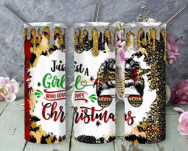 Just a Girl Who Loves Christmas Tumbler Template, Christmas Messy Bun Leopard Glitter 20oz Skinny Tumbler, Christmas Buffalo Plaid Leopard Glitter Full Tumbler Wrap, Christmas Sublimation Design, Digital Download Sublimation DesignSVG 