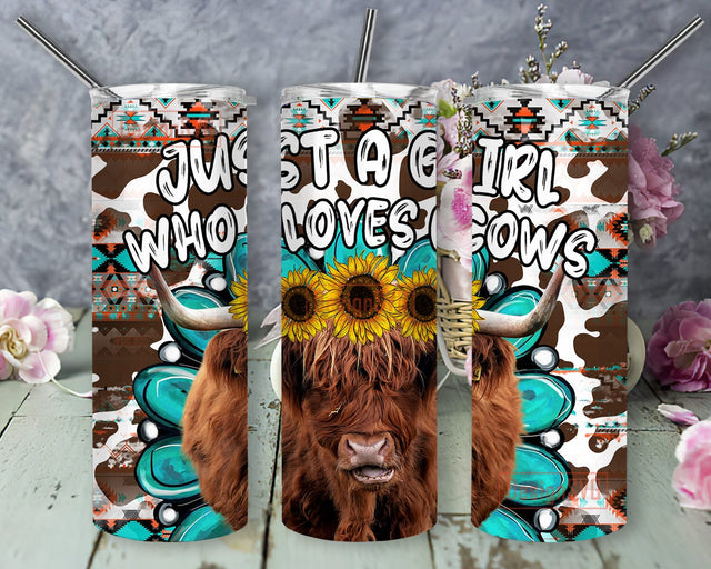 Just A Girl Who Loves Cows Tumbler Design, Cow Sunflower 20oz Skinny Tumbler, Aztec Cow Print Tumbler Wrap, Gemstone Design Png, Highland Cow Tumbler With Lid And Straw, Digital Download Sublimation DesignSVG 