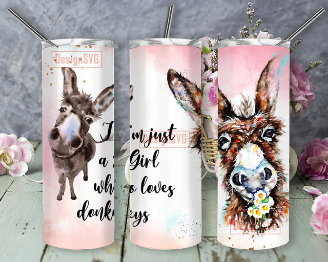 Just A Girl Who Loves Donkey 20oz Skinny Tumbler, Donkey Tumbler Png, Watercolor Donkey Design Png, Farm Animals Sublimation Design, Digital Download Sublimation DesignSVG 